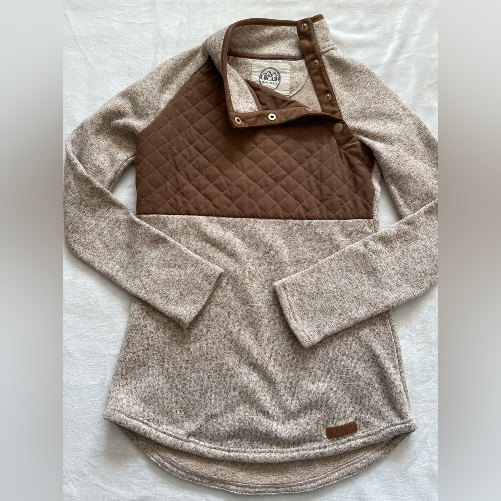 Brown Cream Knit Quilted Snap Marley Lilly Fall Winter Outerwear Pullover - Picture 2 of 5